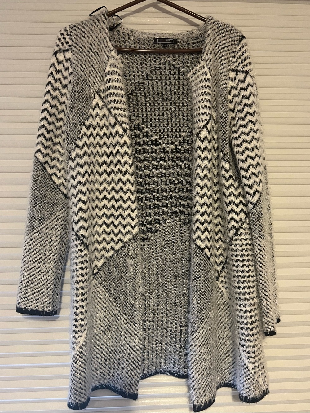 Open-Front Black & White Knit Cardigan Sweater